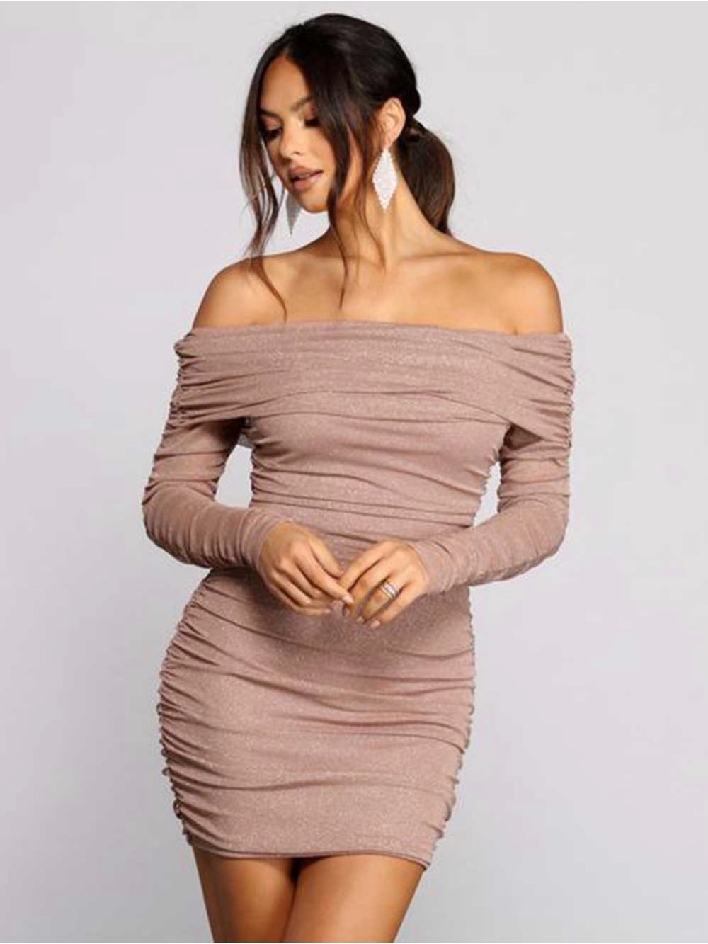 Windsor Shimmery Off-Shoulder Ruched Bodycon Dress in Mauve Taupe